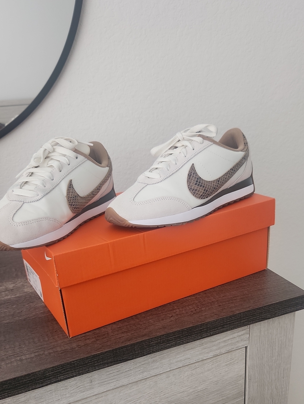 Nike Women's Cream White Sneakers with Brown Snakeskin Swoosh